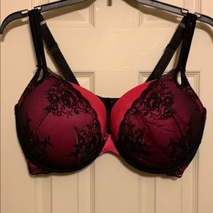 Torrid Pink with black lace bra.
